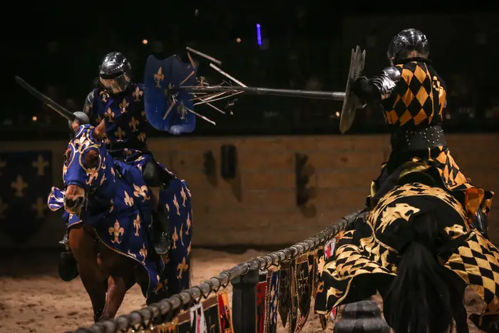 At the Medieval Times dinner theater in Lyndhurst, New Jersey, knights joust during a 2015 performance. Cast members are voting Friday, July 15, 2022 on whether to unionize.